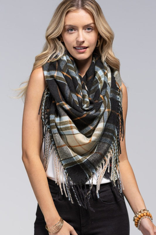 Check In With Me Black Plaid Fringe Scarf