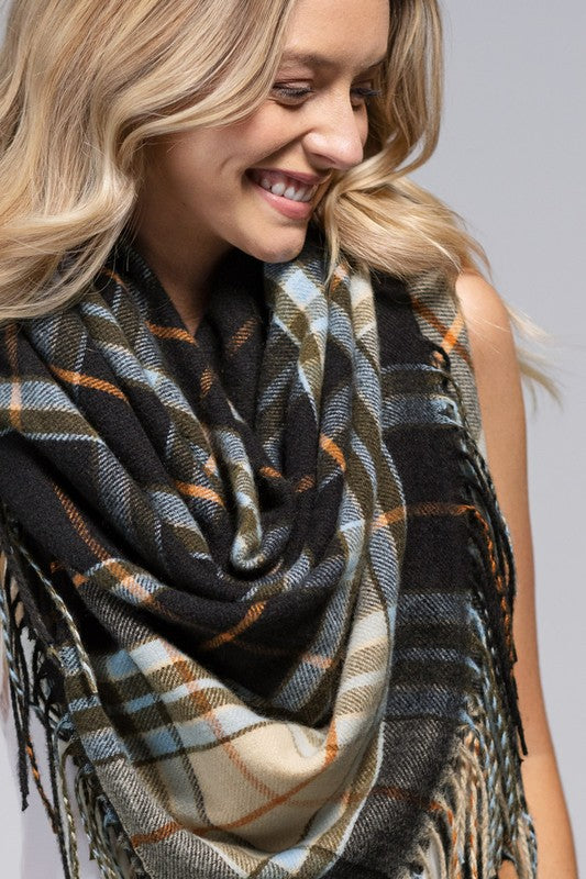 Check In With Me Black Plaid Fringe Scarf