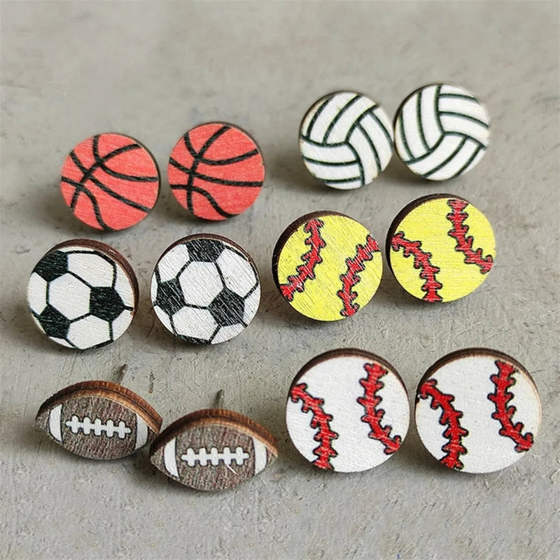 Sports Painted Wood Stud Earrings