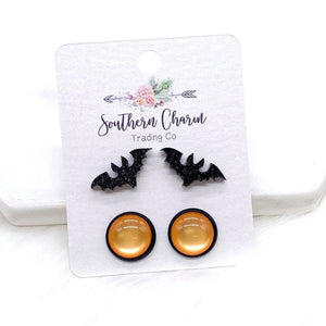 12mm Mean Bats & Orange Cat Eye in Black Settings Stud Earrings