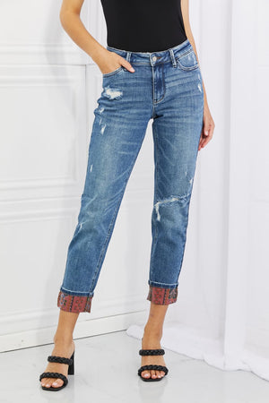 Judy Blue Paisley Patch Cuff Boyfriend Jeans