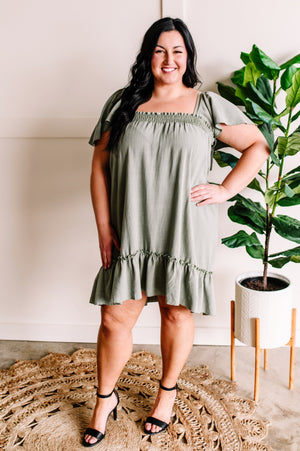 Smocked Flutter Sleeve Dress in Green Willow