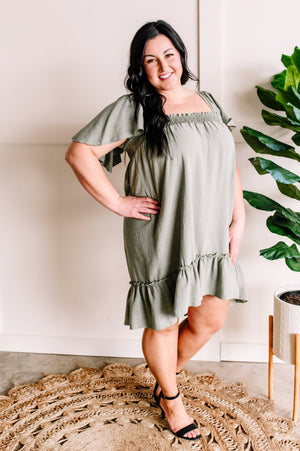 Smocked Flutter Sleeve Dress in Green Willow