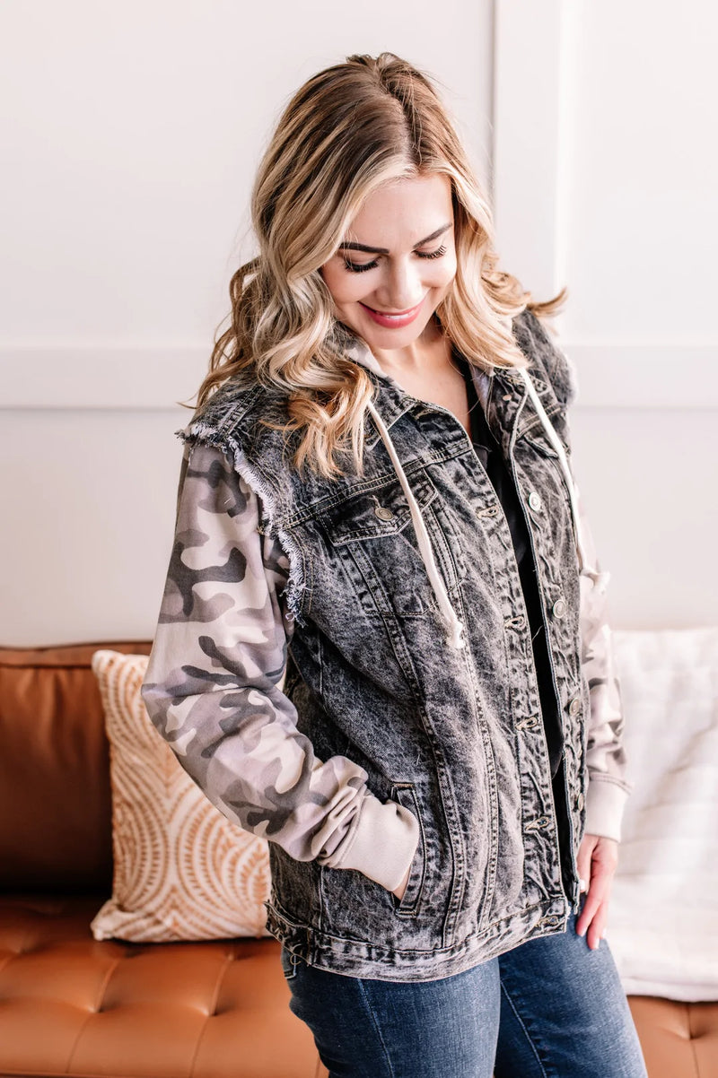 Denim jacket new arrivals camo sleeves