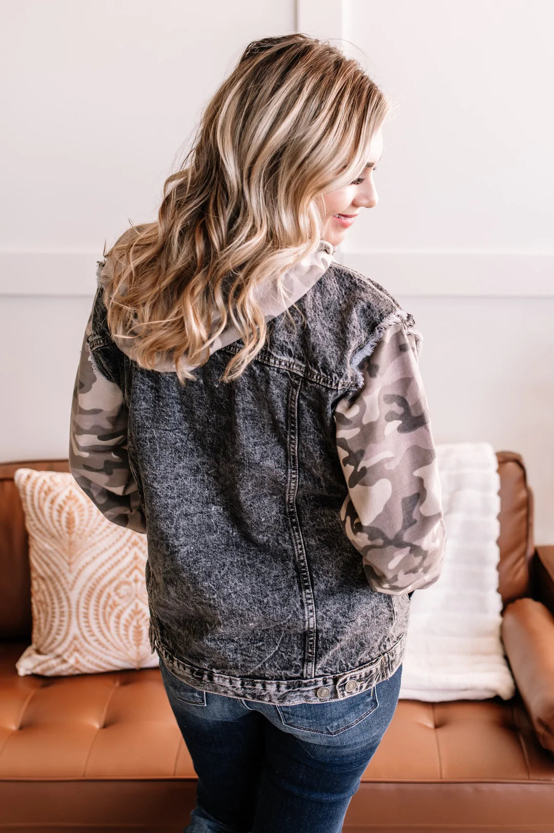 Denim jacket with camo sleeves hotsell