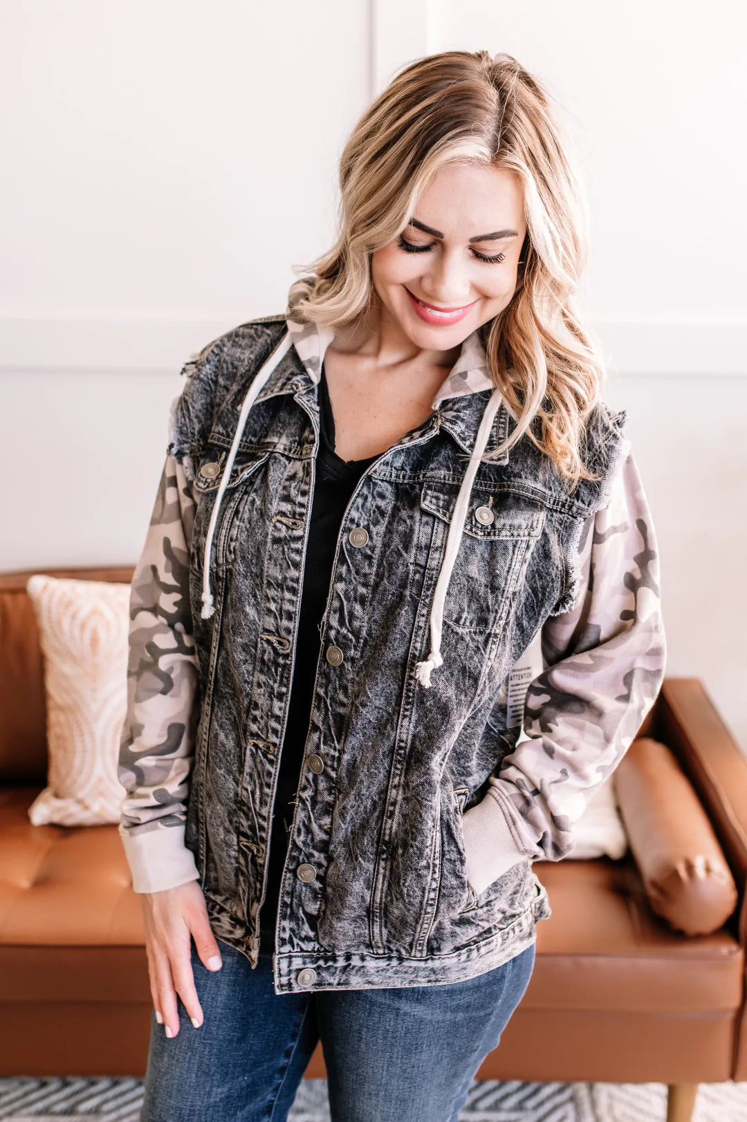 Need More Denim Jacket with Camo Sleeves SALE Ivory Gem