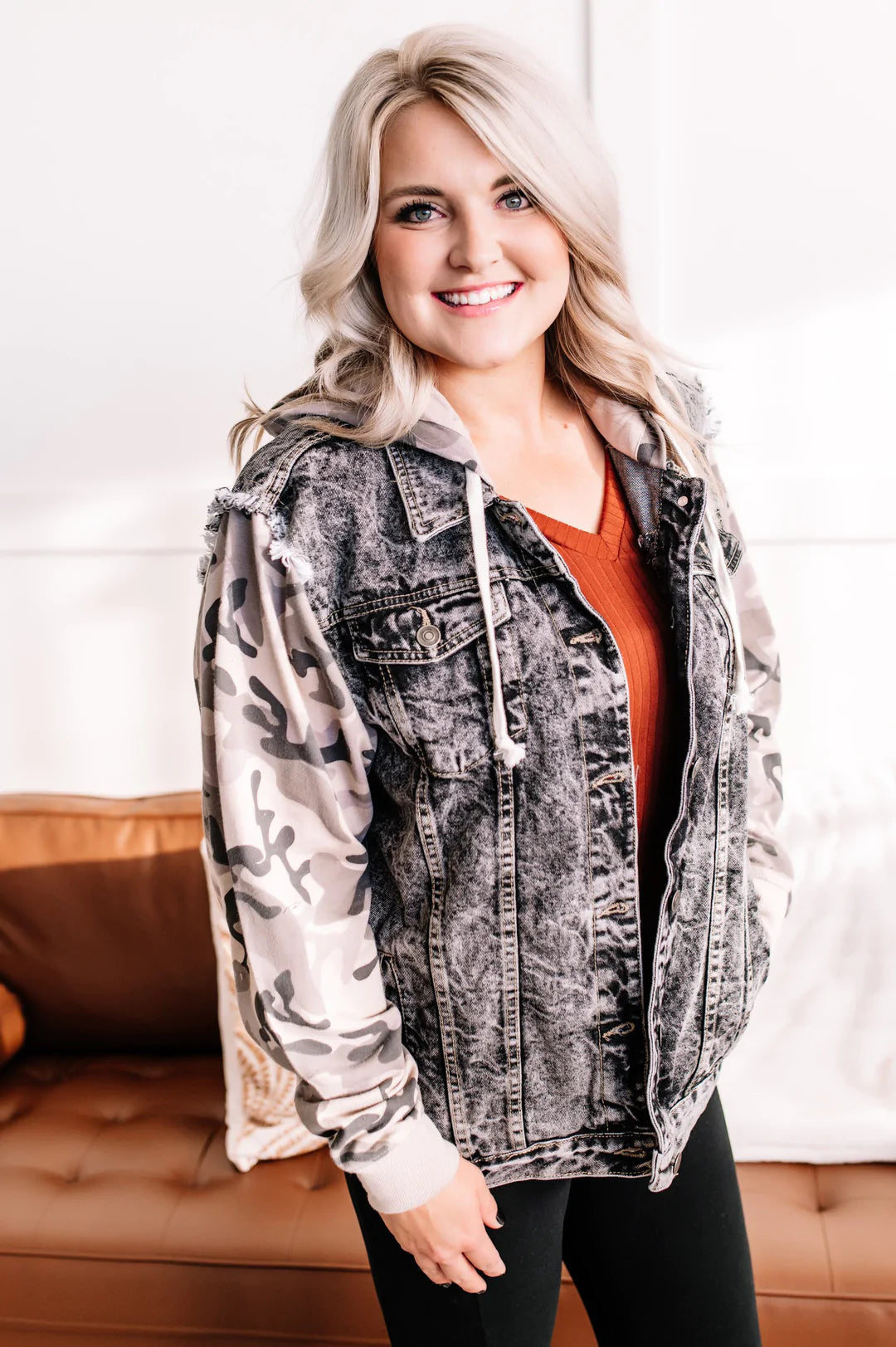 Denim jacket with camo sleeves top