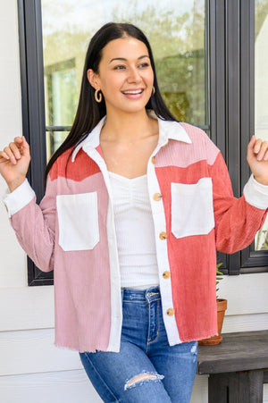 Draw You In Corduroy Color Blocked Shacket In Mauve