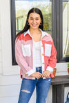 Draw You In Corduroy Color Blocked Shacket In Mauve