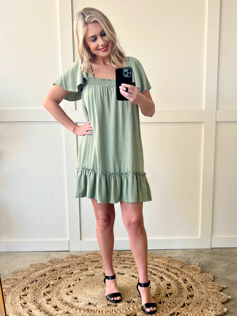 Smocked Flutter Sleeve Dress in Green Willow