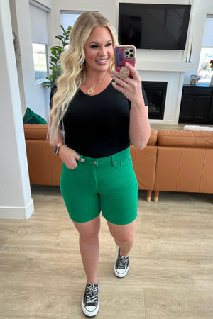 Judy Blue High Rise Tummy Control Cuffed Shorts in Green