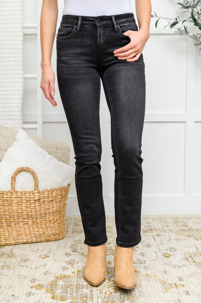 Zenana Mid Rise Straight Leg Jeans In Washed Black