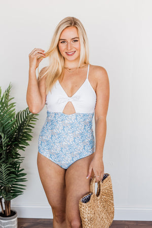 Catching Rays in the Sun One Piece Swimsuit in White and Blue Floral (SALE)