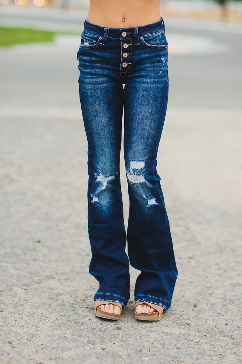 KanCan Better Than Ever Mid Rise Distressed Flare Denim Jeans