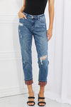 Judy Blue Paisley Patch Cuff Boyfriend Jeans