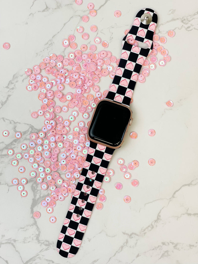 Checkered Pink Heart Printed Silicone Smart Watch Band