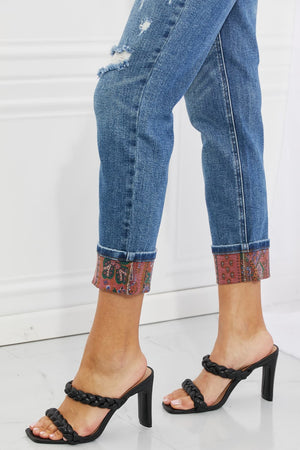 Judy Blue Paisley Patch Cuff Boyfriend Jeans