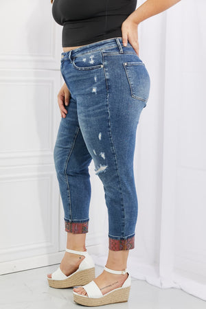 Judy Blue Paisley Patch Cuff Boyfriend Jeans