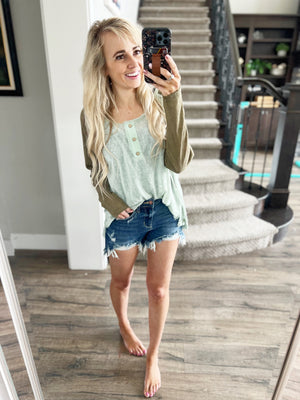 No More Worries Long Sleeve Top in Olive and Aqua