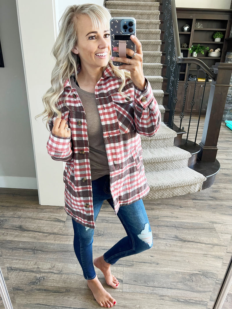 Yes Please Plaid Sherpa Lined Shacket in Red Plaid