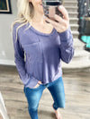 Long Sleeve Knit Top With Pocket In Denim Blue