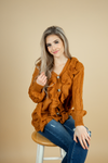 Got That Swing Button Up Sweater with Ruffles in Caramel (SALE)