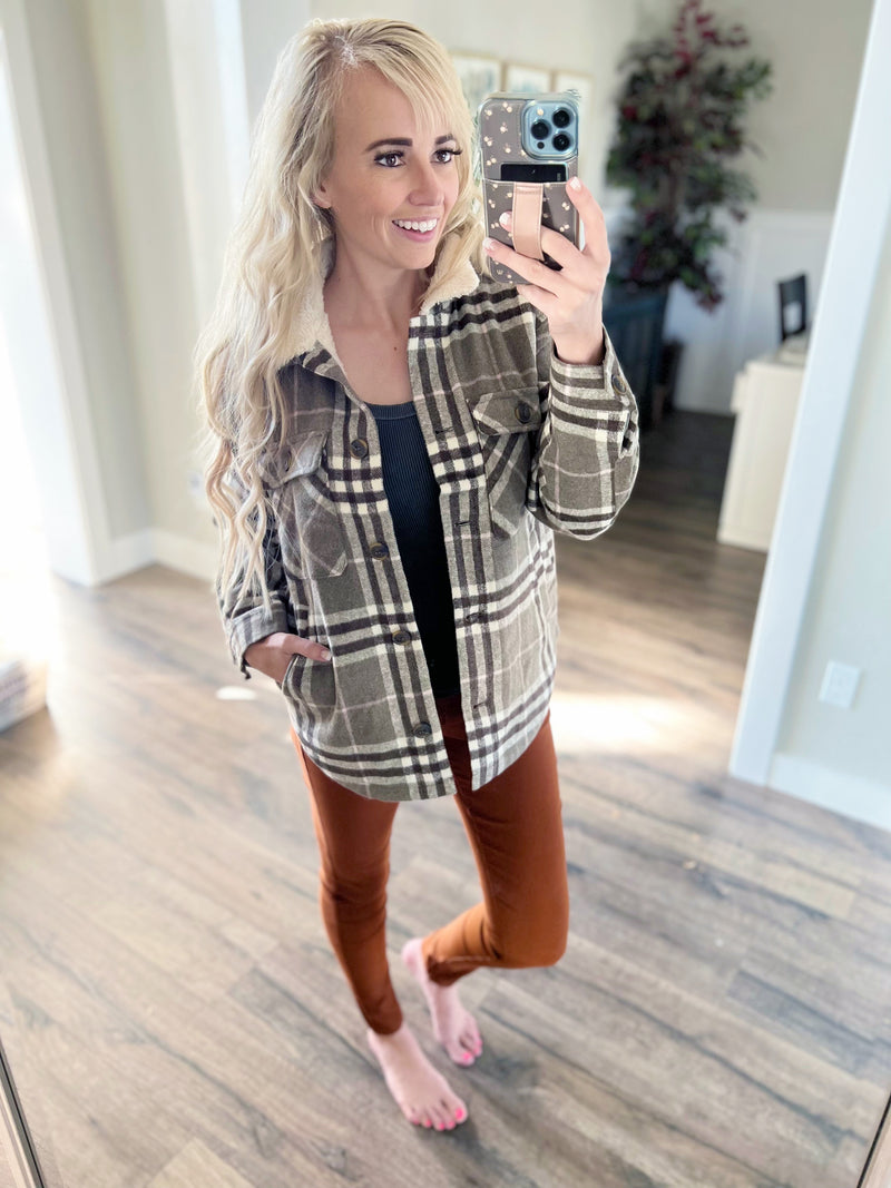 Keep You Here Sherpa Lined Plaid Shacket in Cocoa