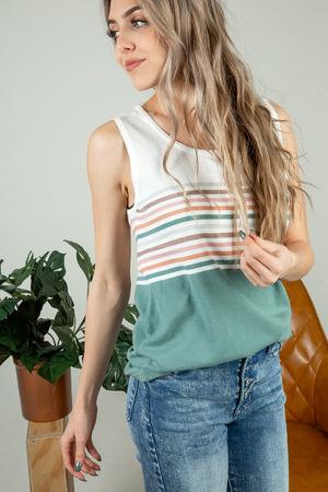 One Last Time Striped Color Block Sweater Tank in Teal