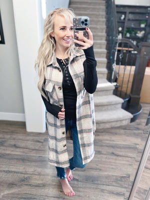 Another Winner Plaid Long Vest in Pink and Gray