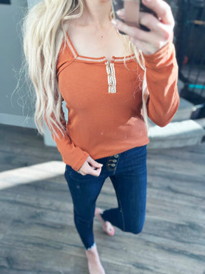 No Chances Square Neck Henley in Pumpkin (SALE)