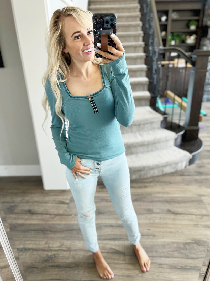 No Chances Square Neck Henley in Teal
