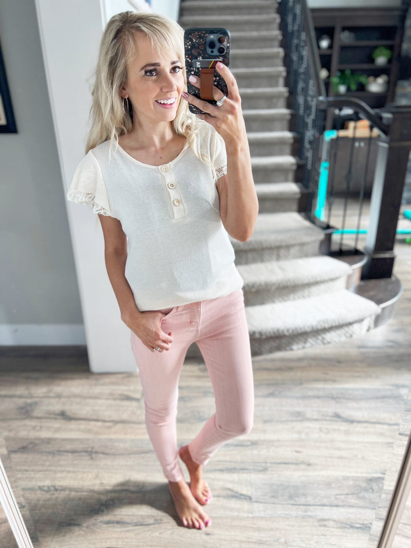 The Climb Short Sleeve Button Top in Cream