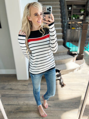 Way Up High Striped Sweater Top in Ivory and Red Rust