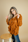 Got That Swing Button Up Sweater with Ruffles in Caramel (SALE)