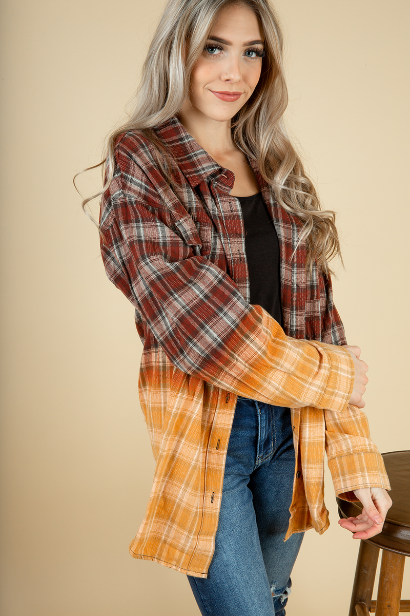 Feeling Something Ombre Plaid Top in Burgundy (SALE)