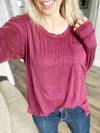 Long Sleeve Knit Top With Pocket In Burgundy