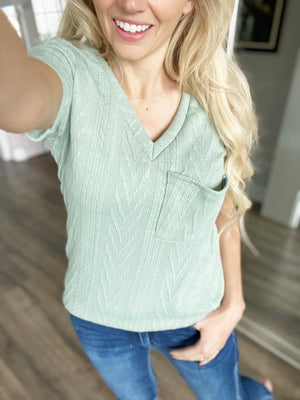 Come Fly With Me Cable Knit V-Neck T-Shirt in Sage