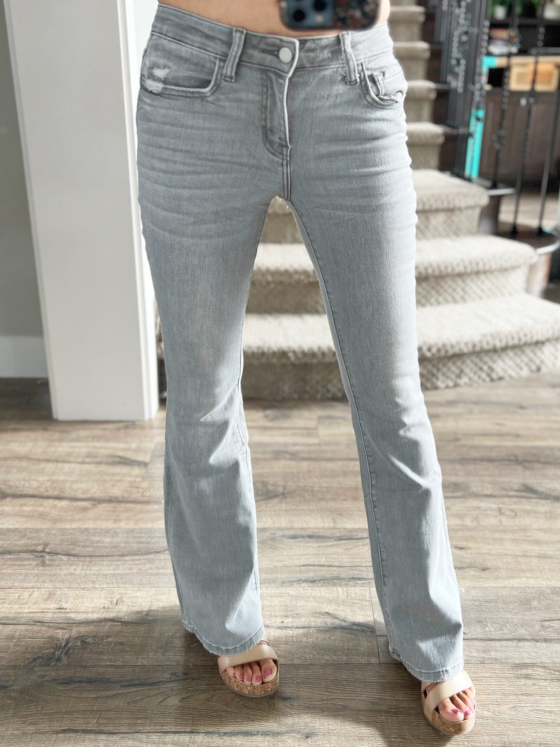 Flying Monkey Assuring Mid Rise Flare Jeans in Gray