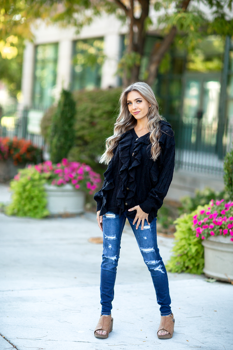 Got That Swing Button Up Sweater with Ruffles in Black (SALE)