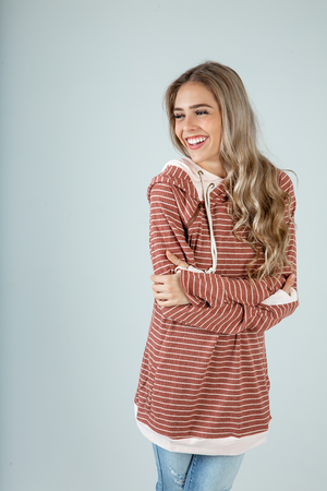 Your Eyes Striped Ribbed Double Hoodie in Brick (SALE)