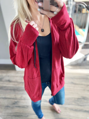 Rest Assured Zip-Up Hoodie in Deep Red