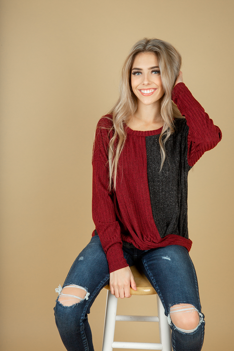 On Your Mind Color Block Twist Top in Black and Burgundy