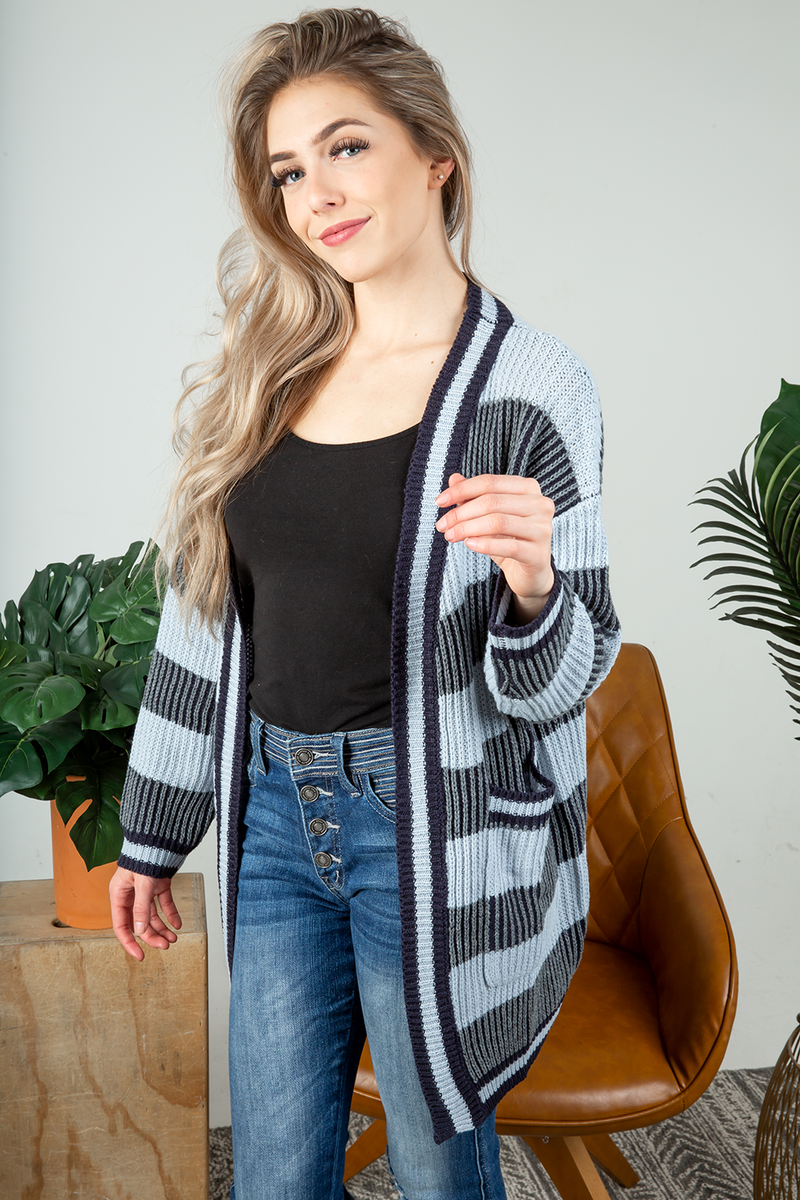 I Hear It Knit Color Block Cardigan in Dusty Blue and Navy (SALE)