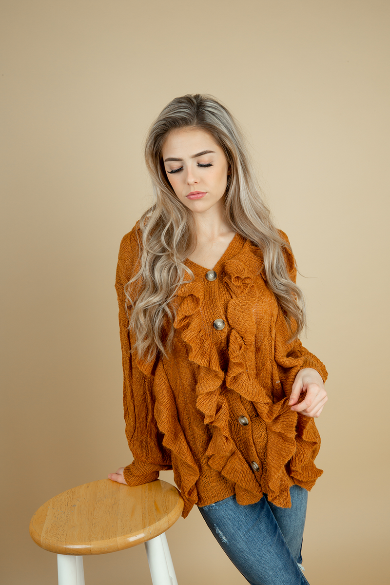 Got That Swing Button Up Sweater with Ruffles in Caramel (SALE)