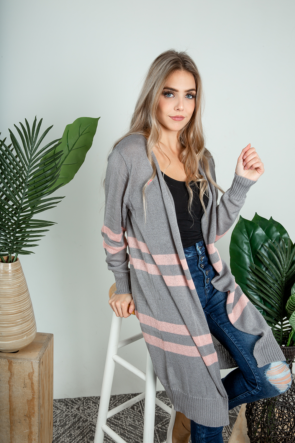 Gray top striped cardigan