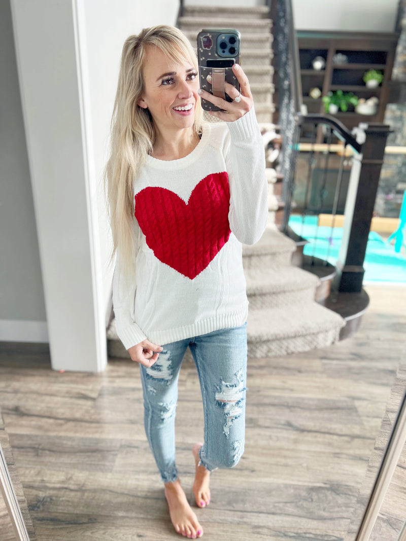Sweet Dreams Heart Sweater in Ivory and Red