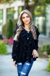 Got That Swing Button Up Sweater with Ruffles in Black (SALE)