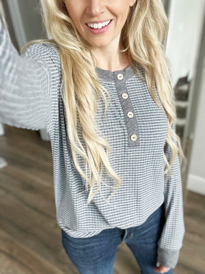 Something New Henley Striped Top in Navy