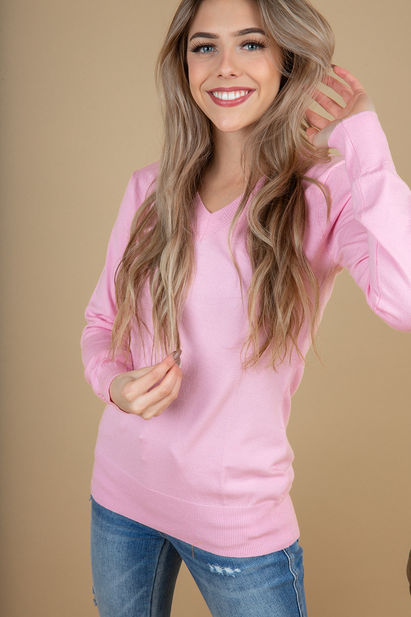 I Knew You V-Neck Sweater Top in Candy Pink