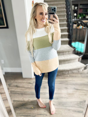 What To Do Color Block Sweater in Olive and Gray